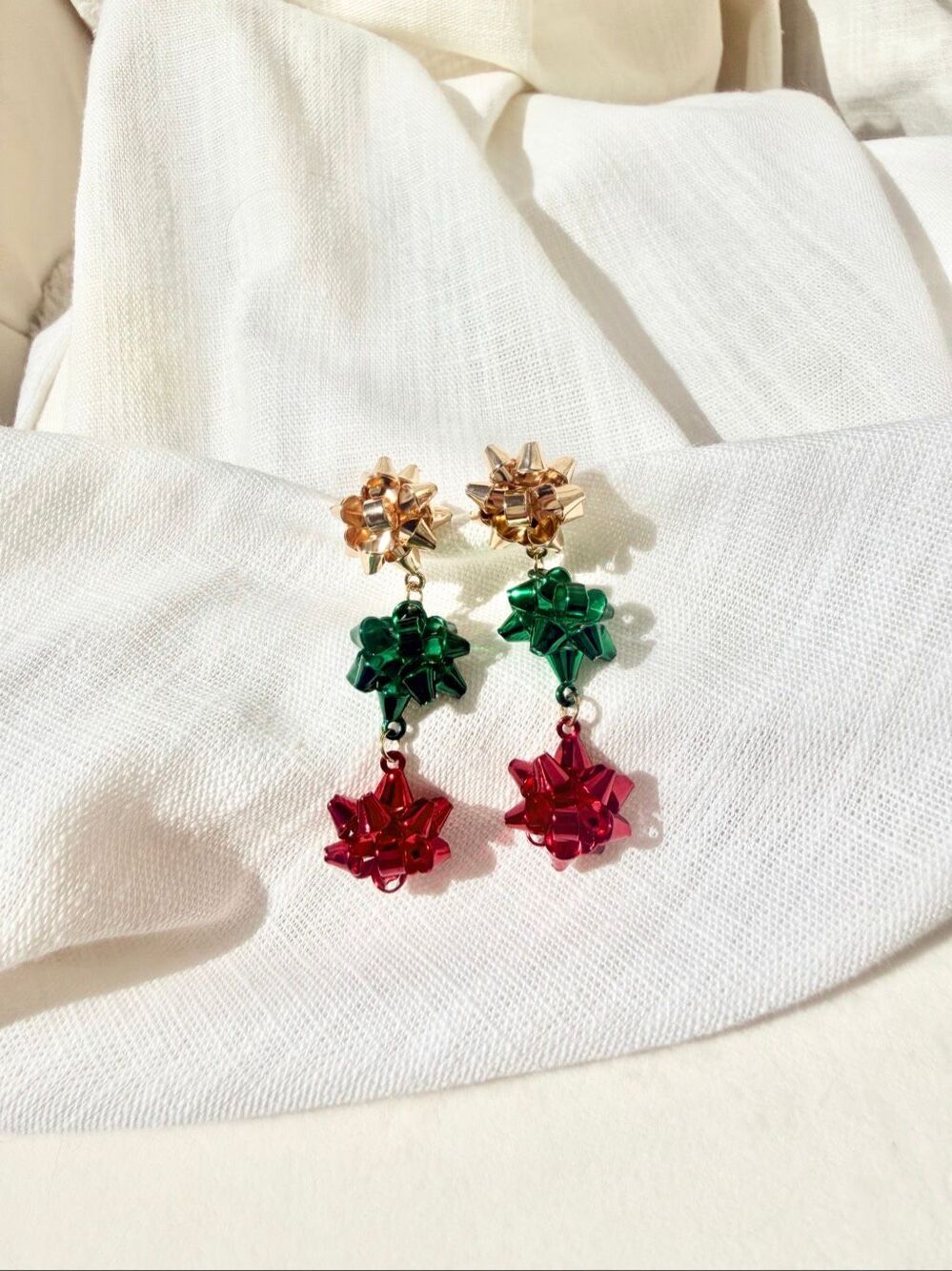 Christmas Gift Bow Drop Earrings Red Green Gold Holiday Statement